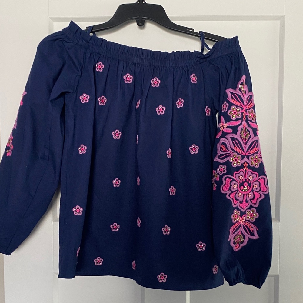 Lilly Pulitzer Navy Off the Shoulder Top with Pink Floral Embroidery